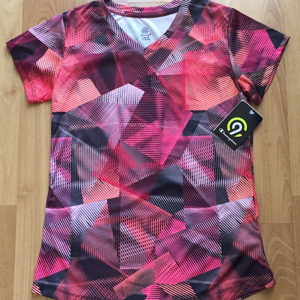 Pink/red/black patterned Champion dry fit T-shirt